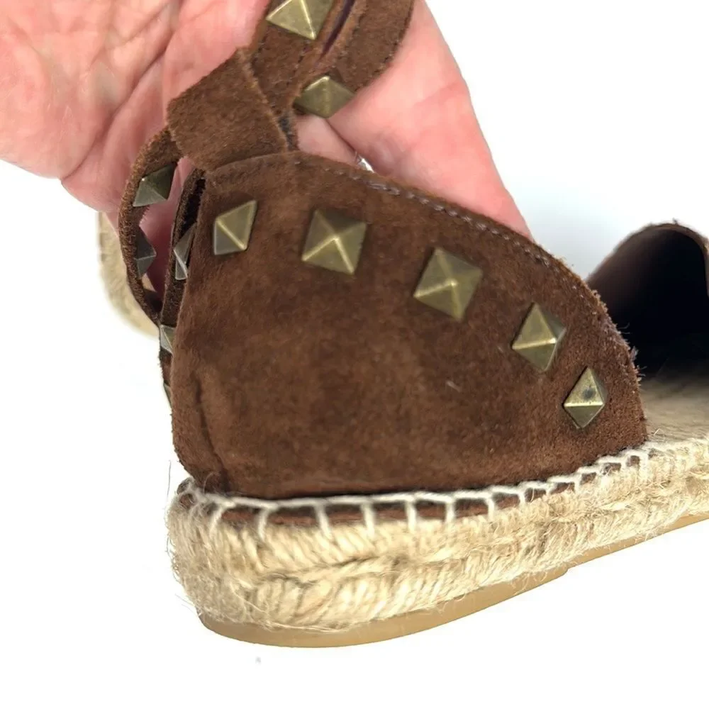 ASH Spain Rockstud Leather Suede Flat Espadrilles Brown Piton Print 37 US 6,5